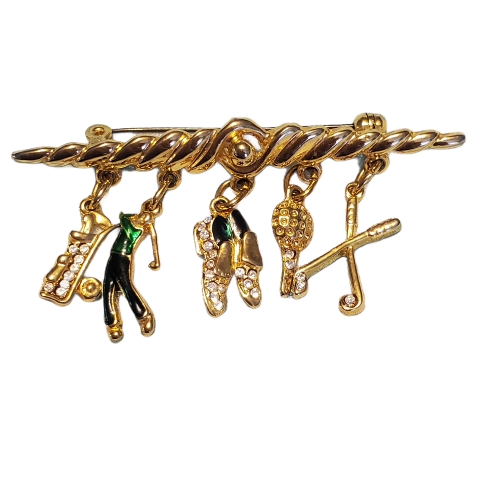 Golf Pin/Brooch w/charms Crystals (Golf Cart Golfer Shoes Tee & Clubs)
